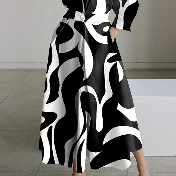 Plus Size Elegant Dress, Abstract Collar Slight Stretch Maxi Dress With Pockets - Picture 3 of 6